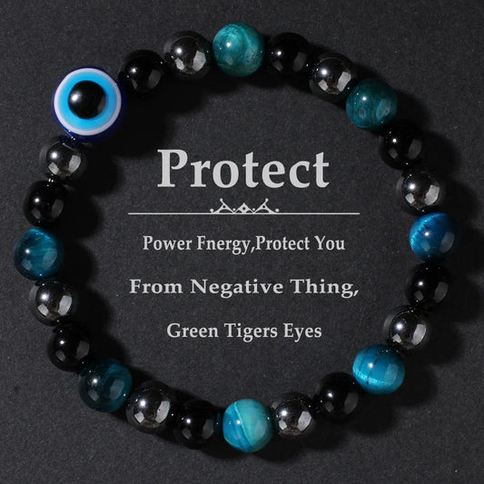 Blue Triple Protection Bracelet – Blue Tiger Eye, Black Obsidian & Evil Eye