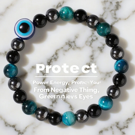 Triple Protection Bracelet, Blue Tigers Eye Black Bile Obsidian Evil Eye Beaded Bracelet, Handmade Stretch Beaded Bracelets