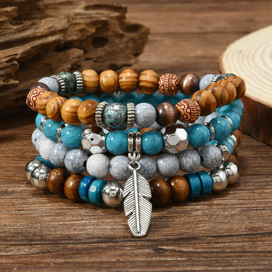 Bohemia Vintage Multi Layer Beaded Bracelets For Men Turquoise Ethnic Nature Stone Leaves Beaded Bracelets Gifts For Friend